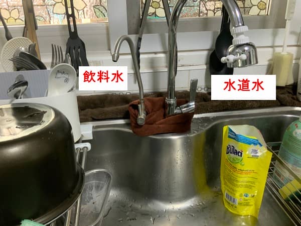 キッチンのシンクと蛇口。蛇口は飲料水用と通常の水道水用の2つがあり、水道水用のパイプは細い。